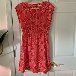 Tulle | Red & White Patterned Dress Cap Sleeves Bow Detail Sz M